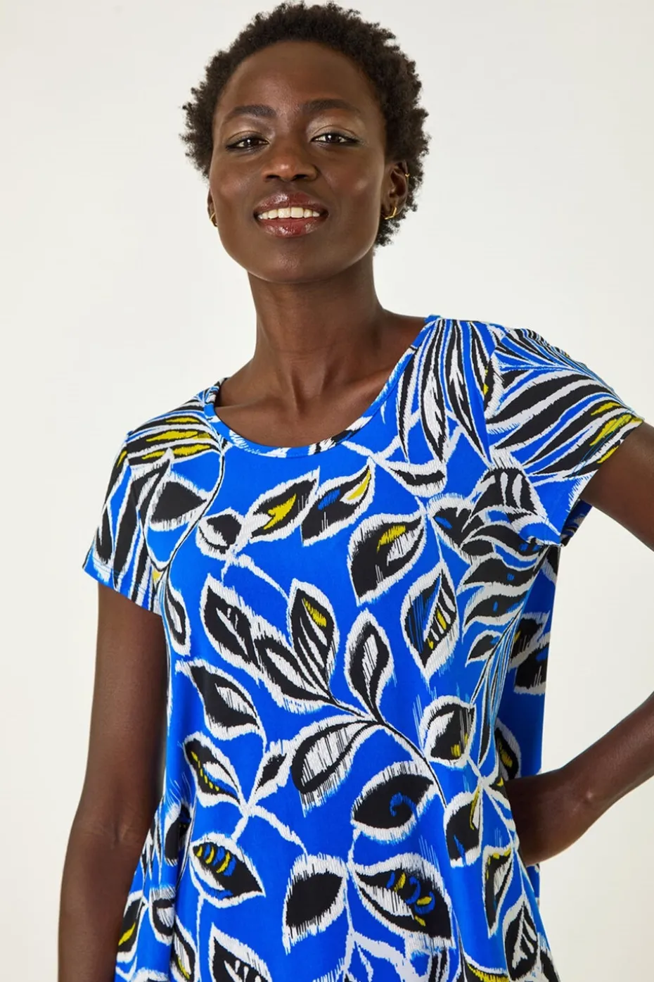 Roman Ink Blue Textured Leaf Print Stretch Tunic Top