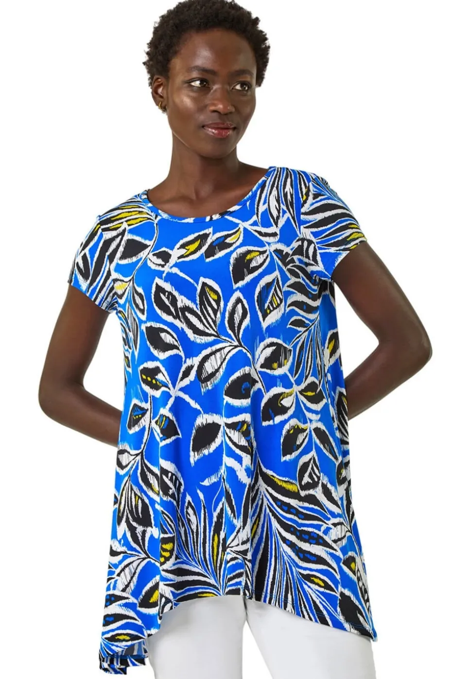 Roman Ink Blue Textured Leaf Print Stretch Tunic Top