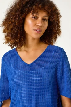 Roman Ink Blue Textured V-Neck Cocoon Stretch Top