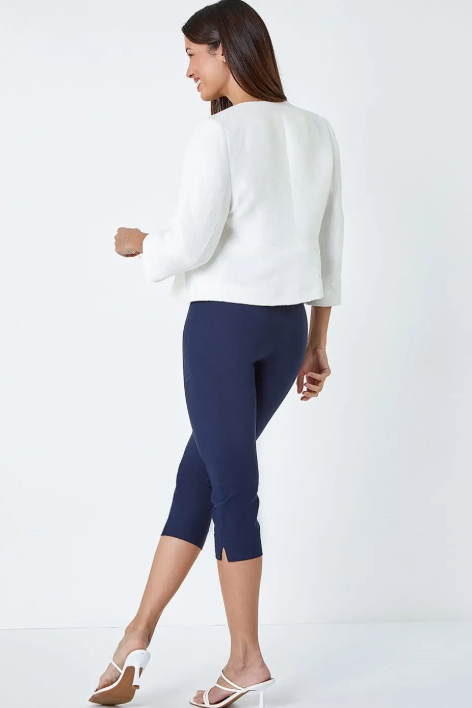Roman Ivory 3/4 Sleeve Pleated Textured Cropped Jacket