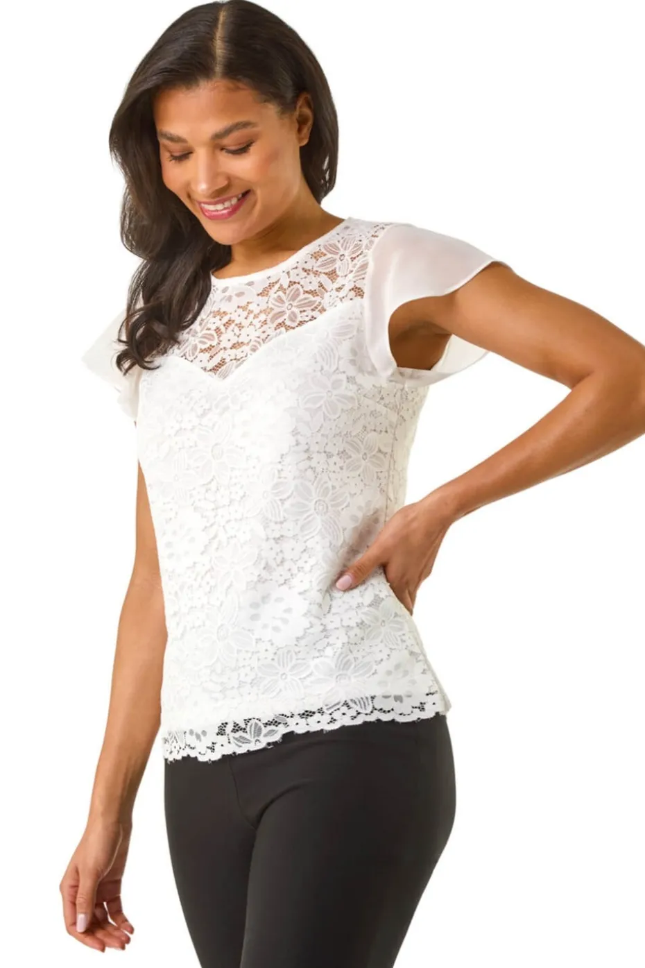 Roman Ivory Chiffon Sleeve Floral Lace Top