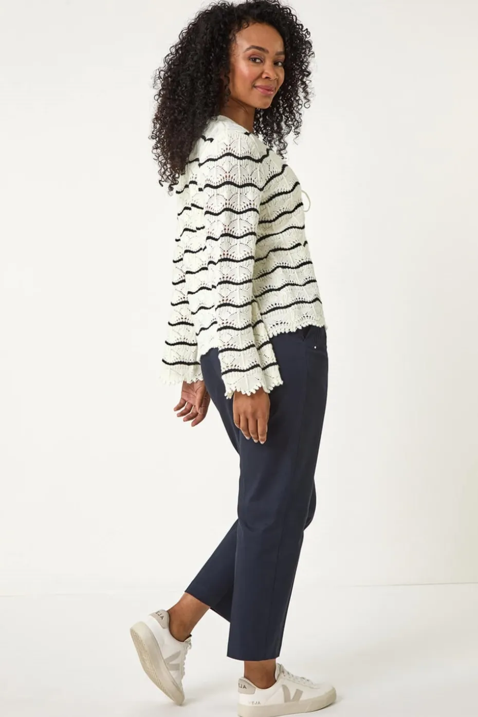 Roman Ivory Petite Stripe Knitted Tie Cardigan