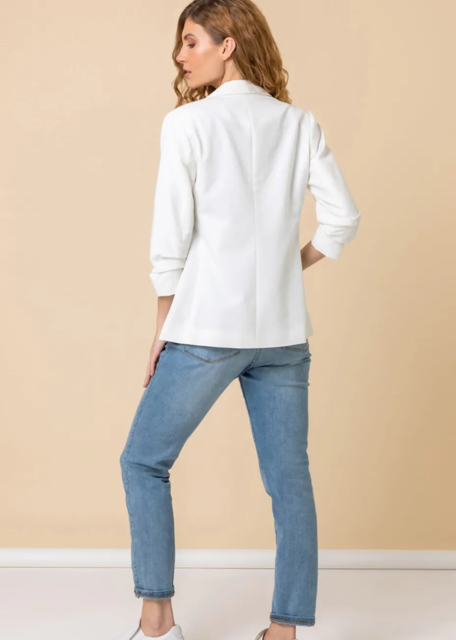 Roman Ivory Ruched 3/4 Sleeve Stretch Blazer