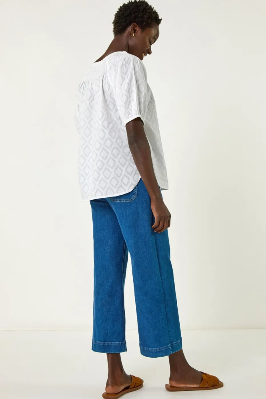 Roman Ivory Shirred Neck Textured Top