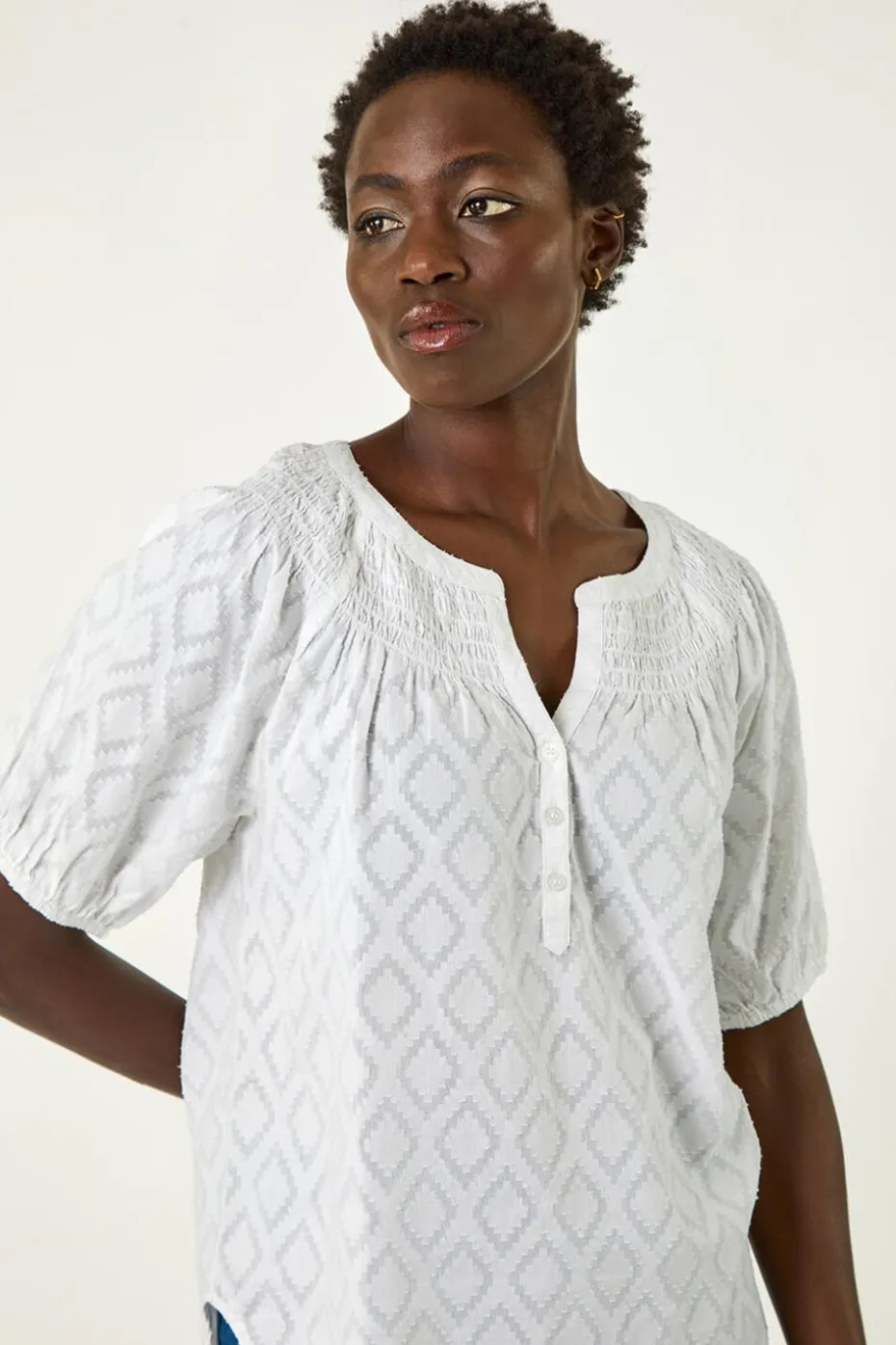 Roman Ivory Shirred Neck Textured Top
