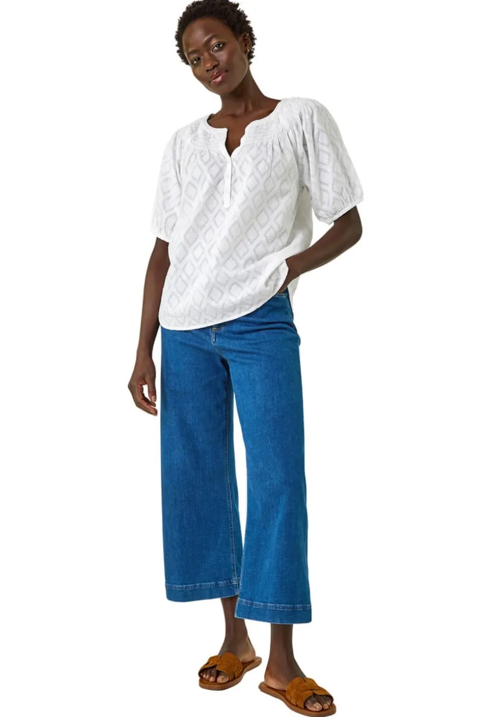 Roman Ivory Shirred Neck Textured Top