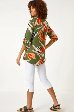 Roman Khaki Abstract Print Pleat Detail Top