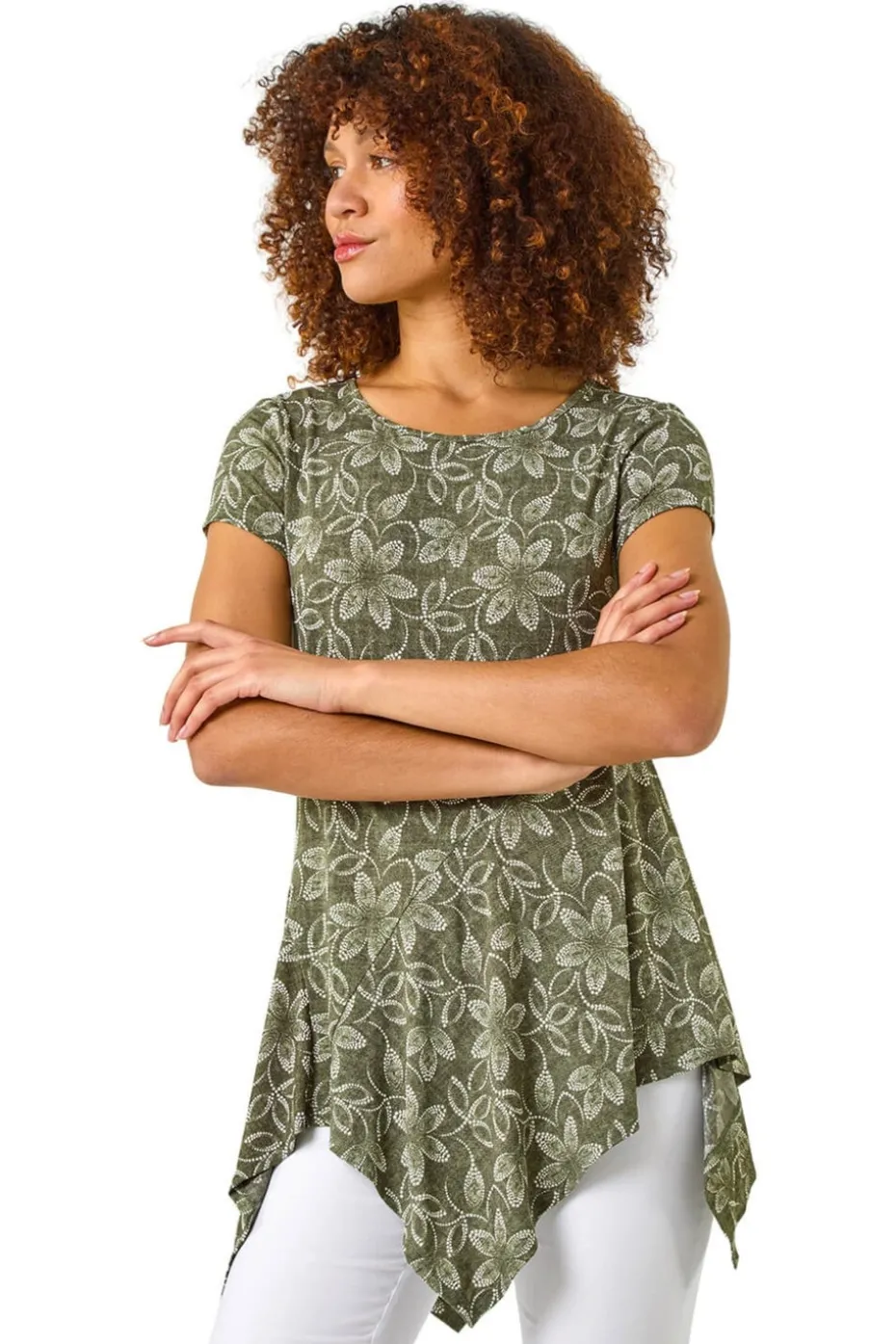 Roman Khaki Leaf Print Hanky Hem Stretch Top