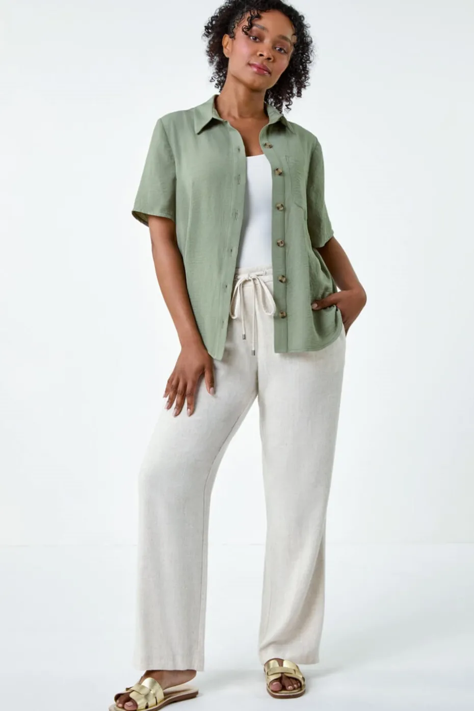 Roman Khaki Petite Button Up Pocket Shirt