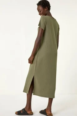 Roman Khaki Ribbed Stretch Midi Dress