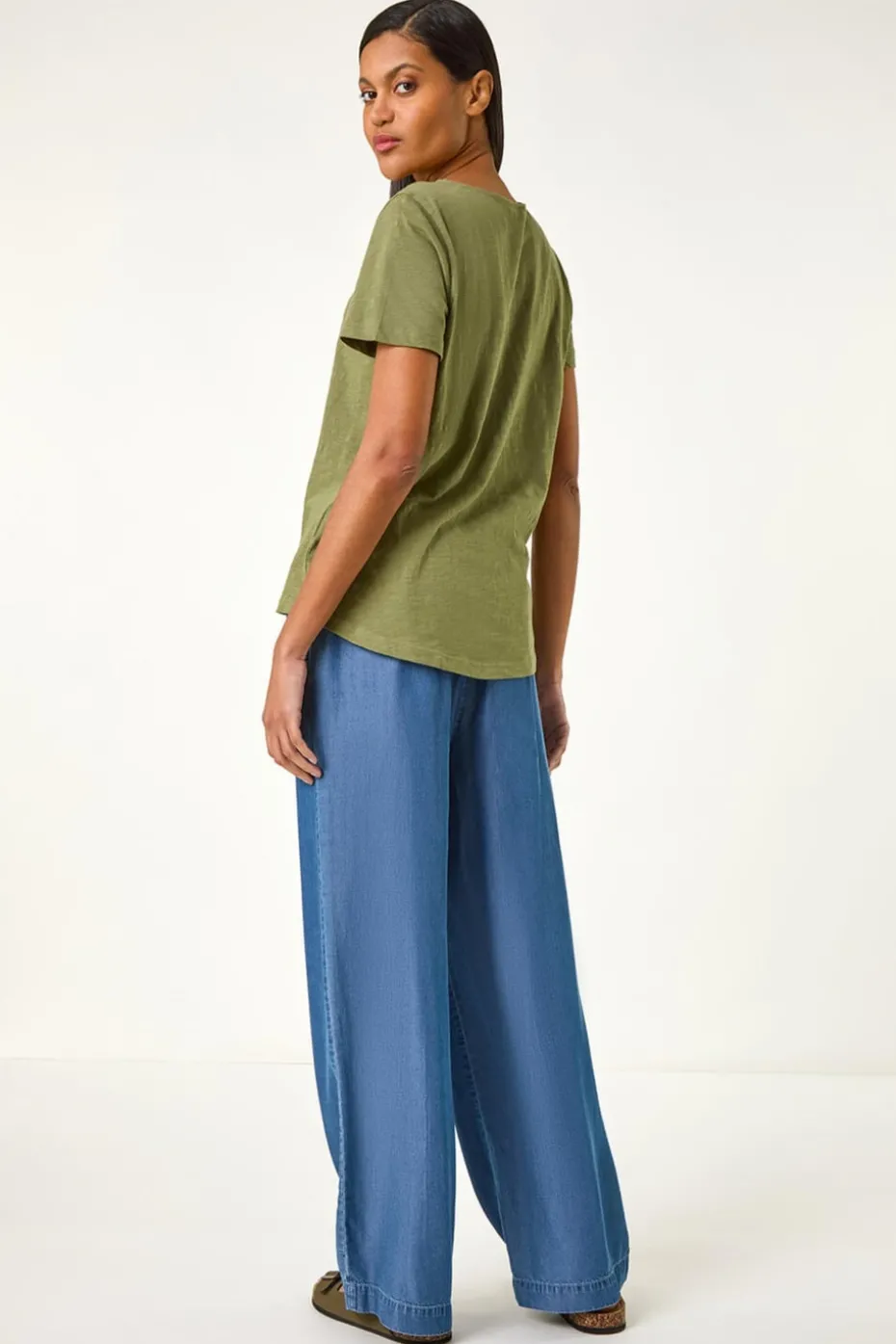 Roman Khaki Sequin Trim V Neck Stretch Top