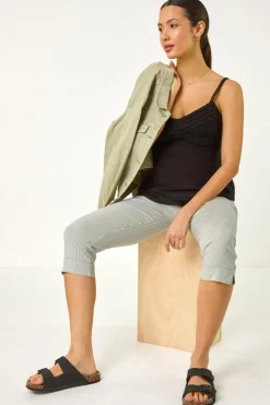 Roman Khaki Striped Cropped Stretch Trouser