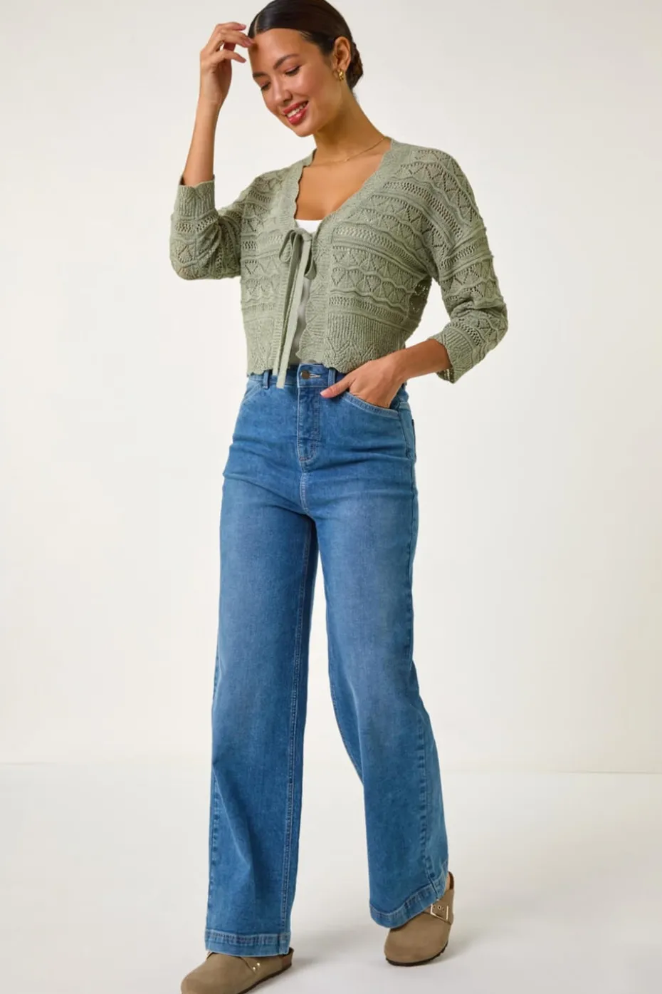 Roman Khaki Textured Scallop Shrug