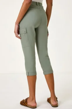 Roman Khaki Turn Up Stretch Cropped Cargo Trousers
