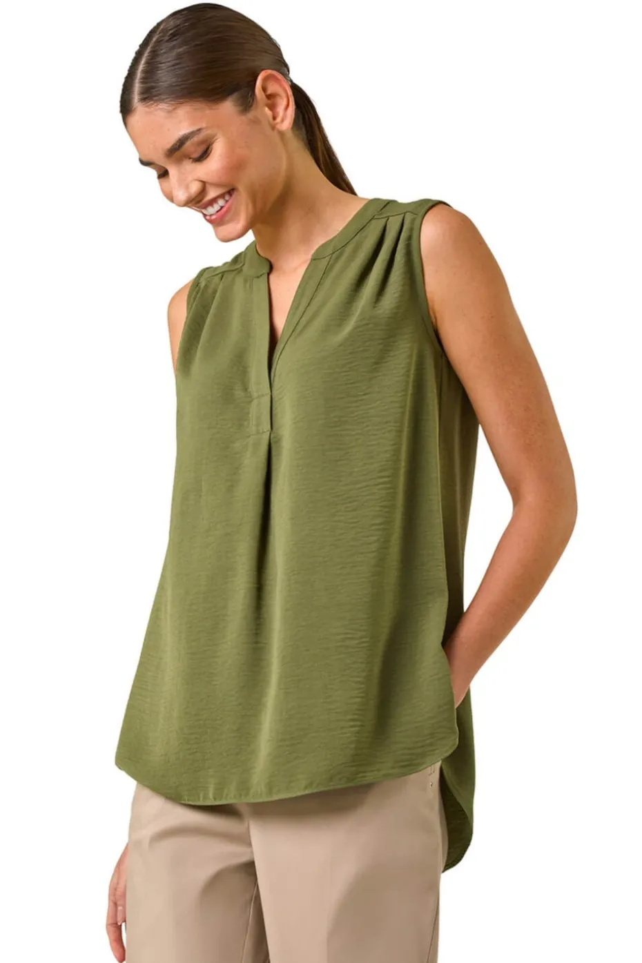 Roman Khaki V Neck Front Pleat Vest Top