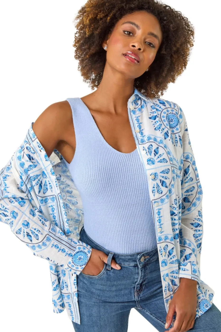 Roman Light Blue Abstract Print Collared Shirt