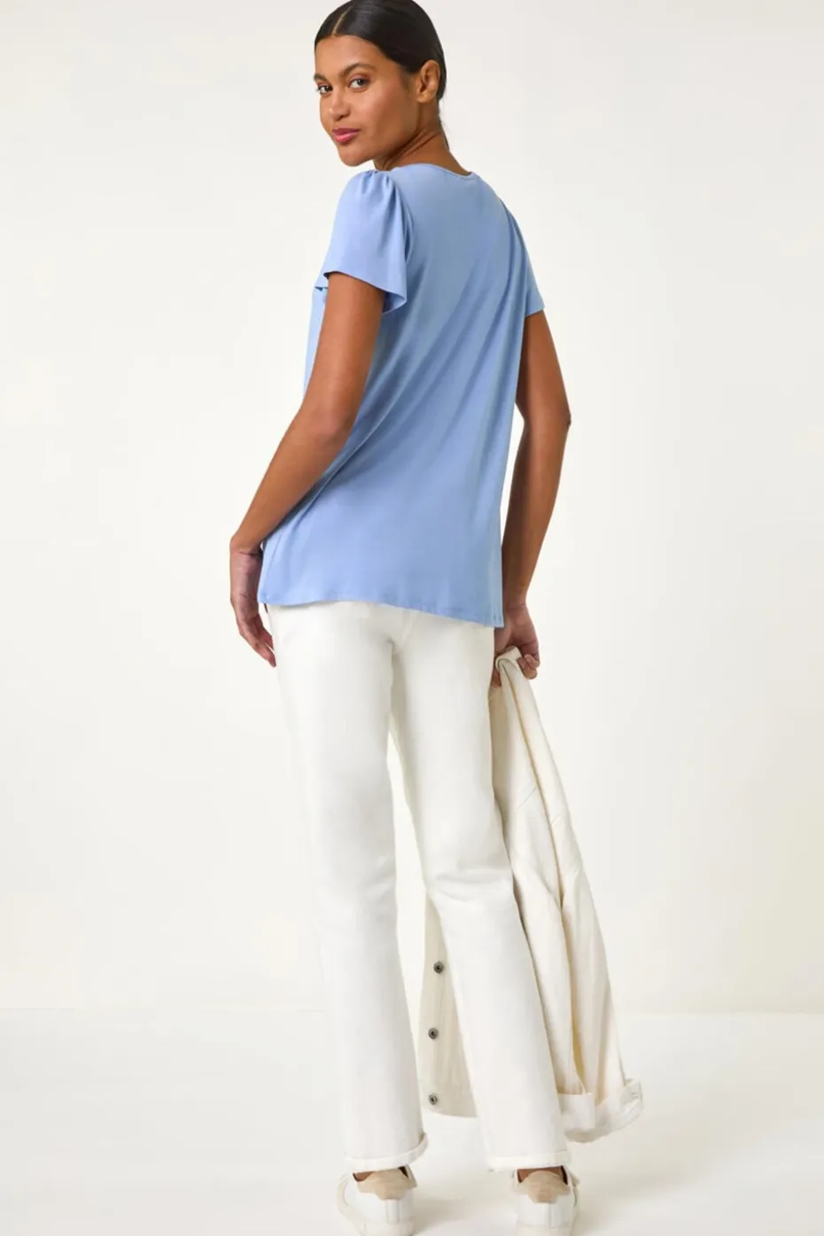 Roman Light Blue Daisy Trim Stretch Top