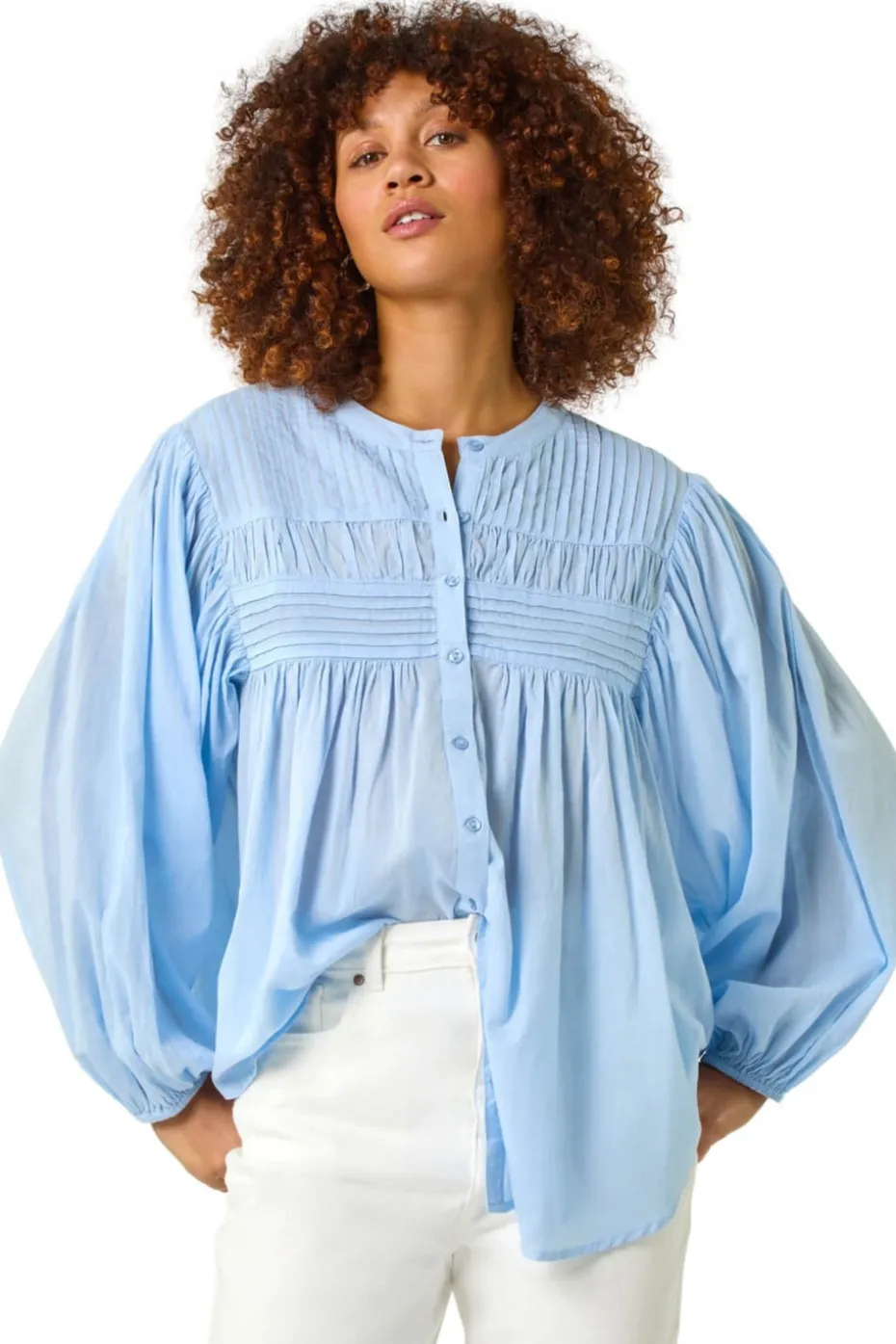 Roman Light Blue Pleat Detail Button Through Blouse