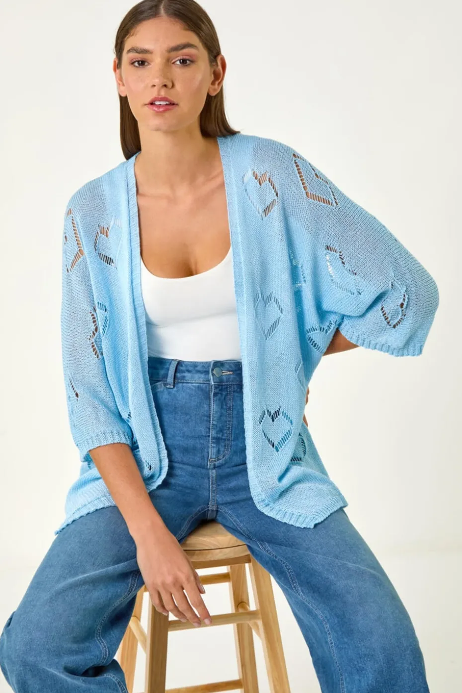 Roman Light Blue Pointelle Heart Knit Cardigan