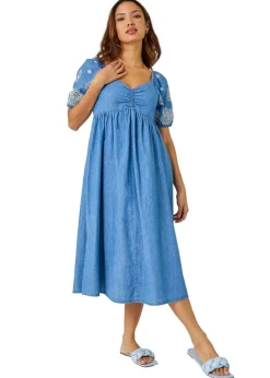 Roman Light Denim Cotton Embroidered Denim Midi Dress