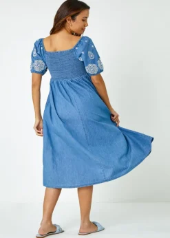 Roman Light Denim Cotton Embroidered Denim Midi Dress