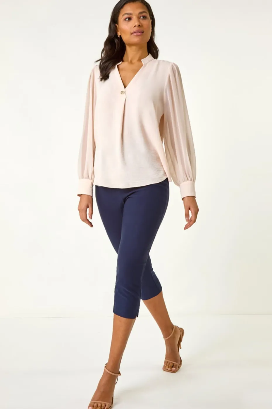 Roman Light Pink Chiffon Sleeve V-Neck Pleated Top