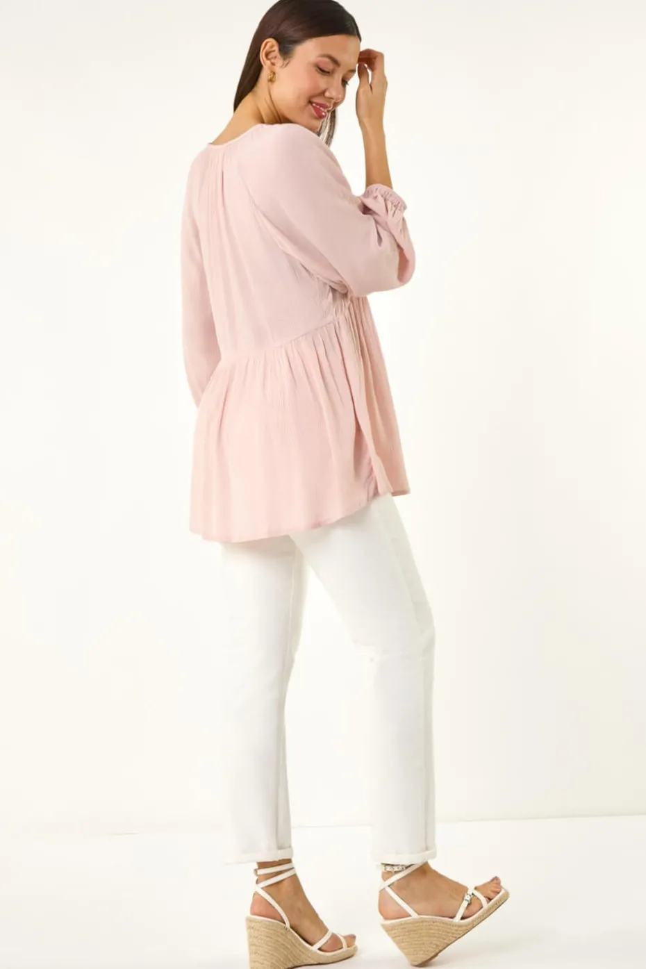 Roman Light Pink Shirred V-Neck Raglan Top