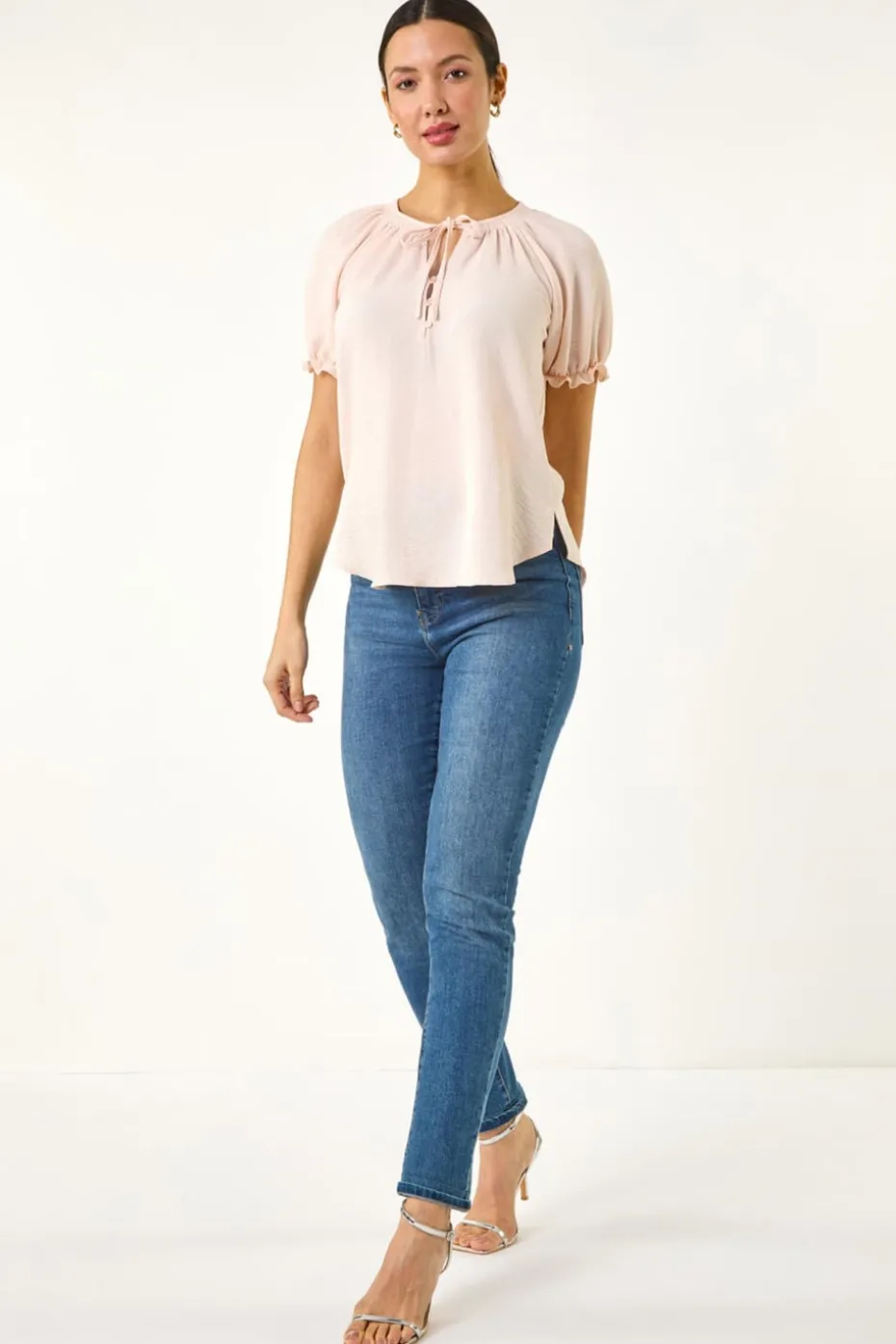 Roman Light Pink Tie Front Frill Sleeve Top