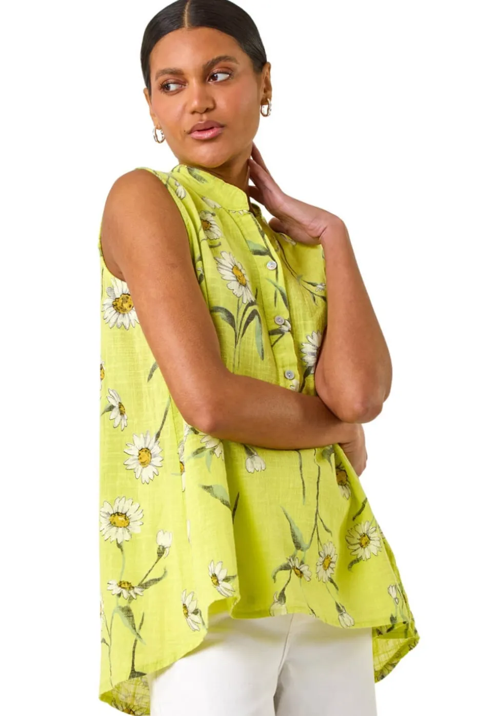 Roman Lime Daisy Print V Neck Vest