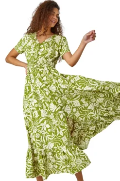 Roman Lime  Floral Print Button Detail Maxi Dress
