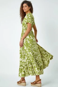 Roman Lime  Floral Print Button Detail Maxi Dress