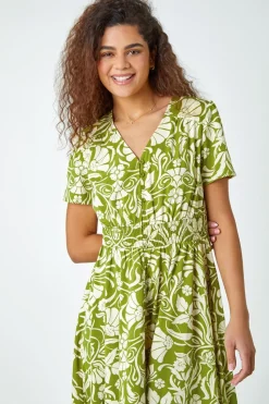 Roman Lime  Floral Print Button Detail Maxi Dress