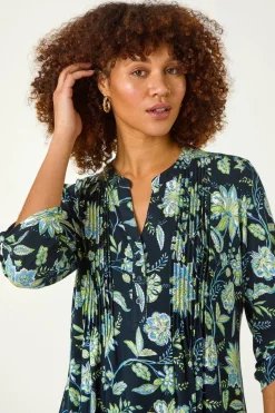 Roman Lime Floral Print Pintuck Shirt