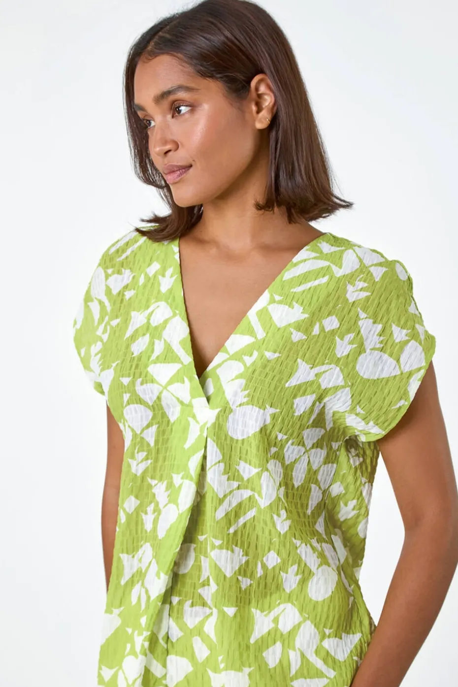 Roman Lime Geometric Crinkle Textured V-Neck Top