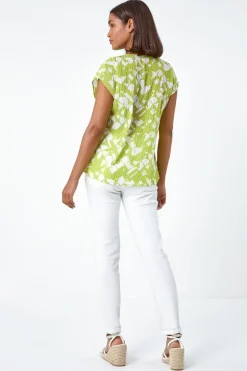 Roman Lime Geometric Crinkle Textured V-Neck Top