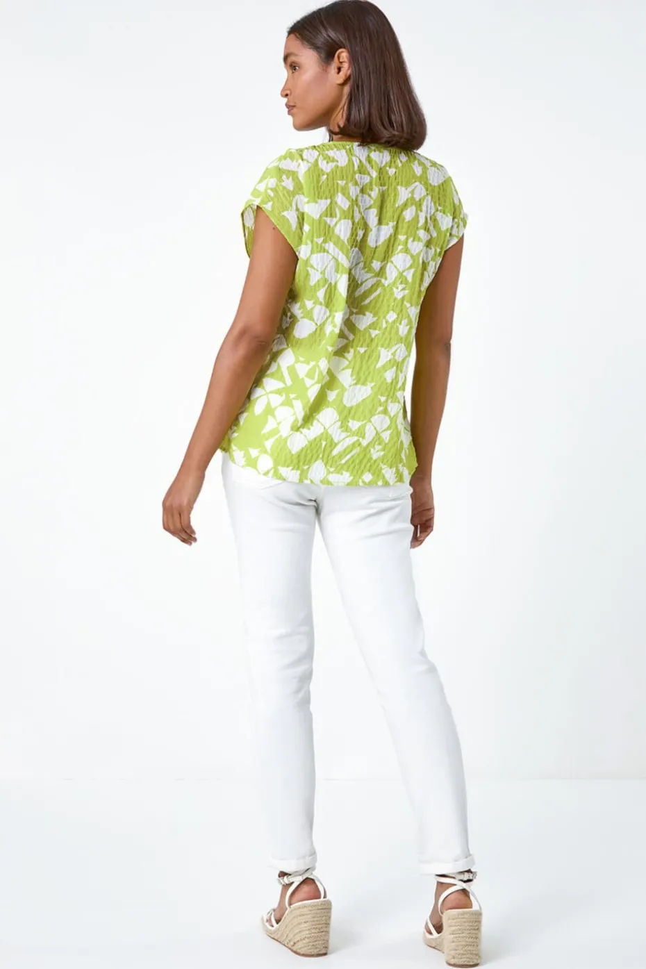 Roman Lime Geometric Crinkle Textured V-Neck Top