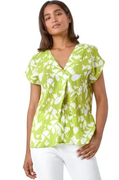 Roman Lime Geometric Crinkle Textured V-Neck Top