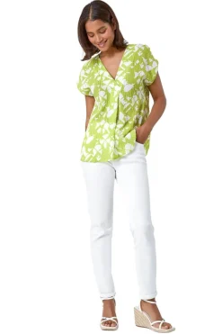 Roman Lime Geometric Crinkle Textured V-Neck Top