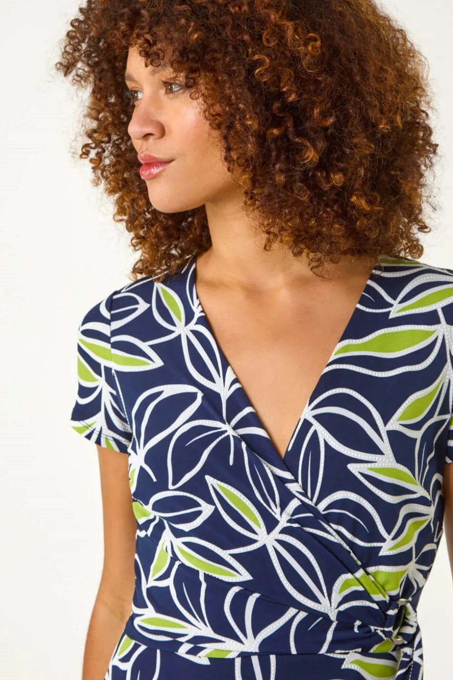 Roman Lime Leaf Print Wrap Bodice Dress