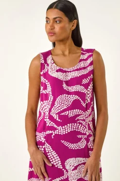 Roman Magenta Leaf Print Shift Midi Dress