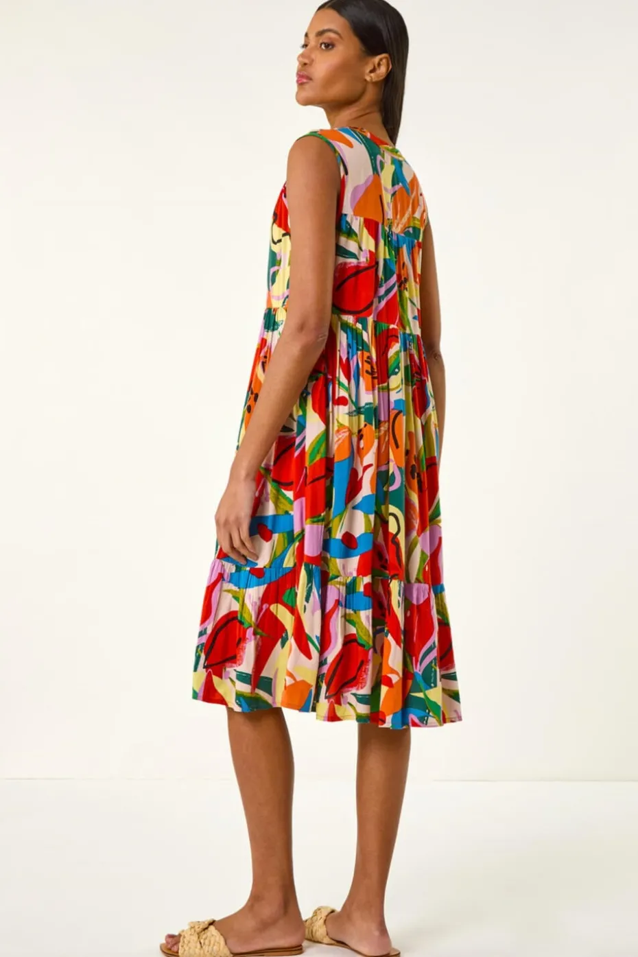 Roman Multi Abstract Print Tiered Midi Dress