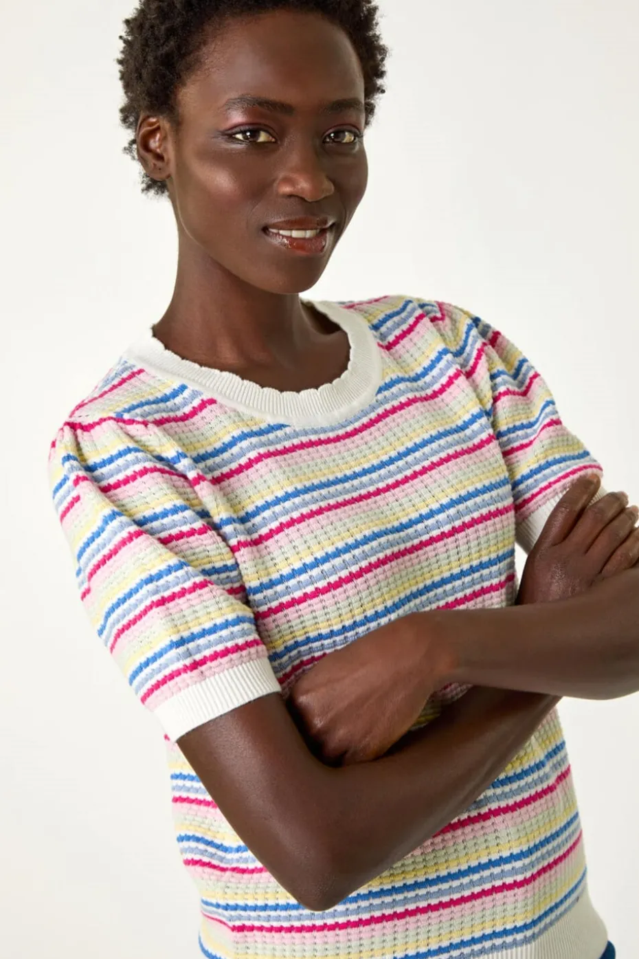 Roman Multi Scallop Edge Stripe Knit Top