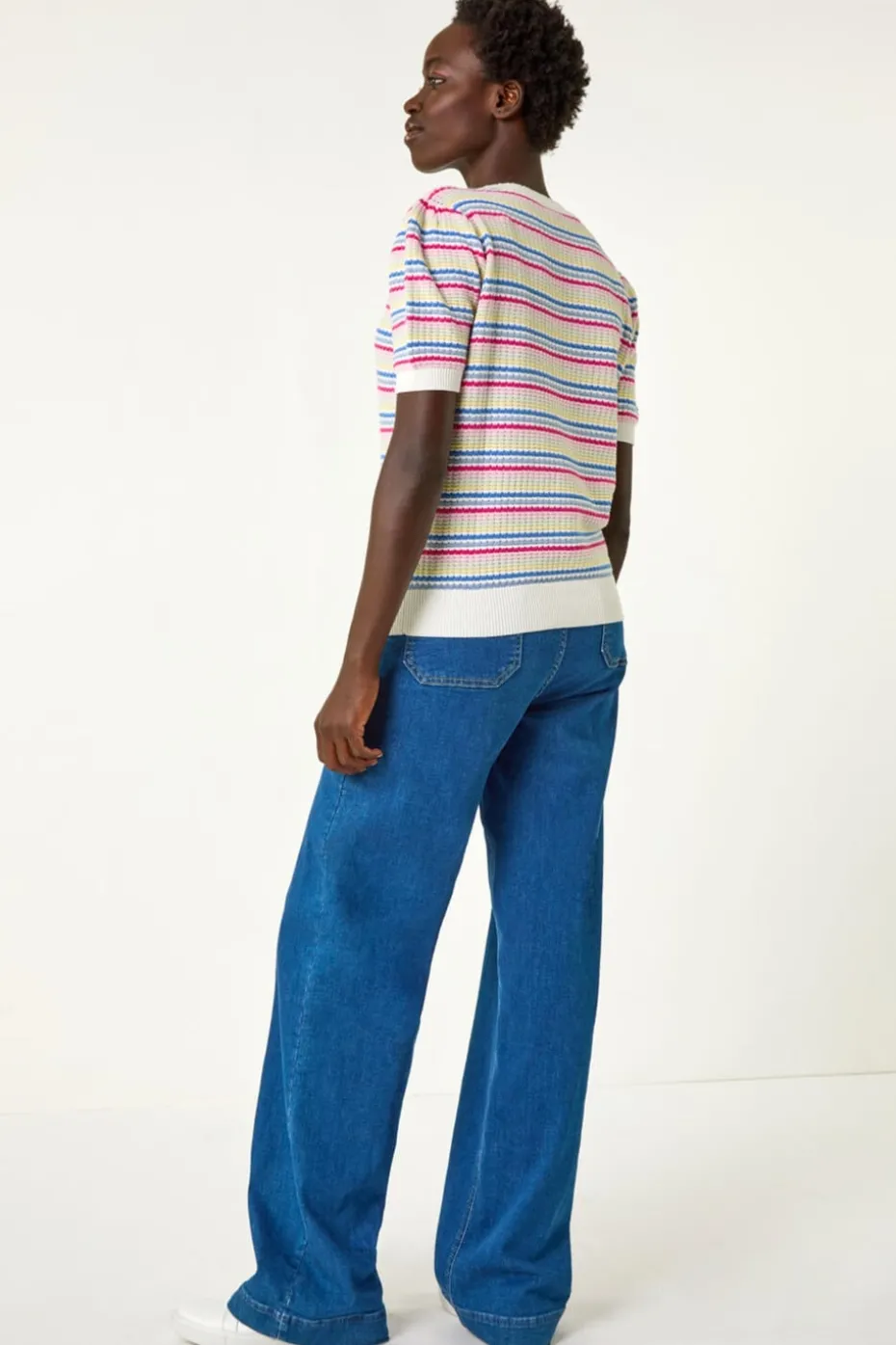 Roman Multi Scallop Edge Stripe Knit Top