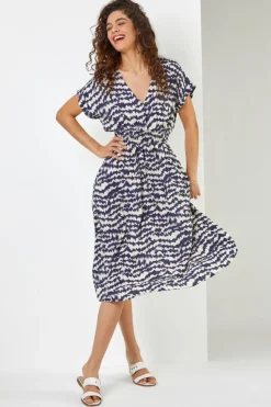 Roman Navy Abstract Print Fit & Flare Dress