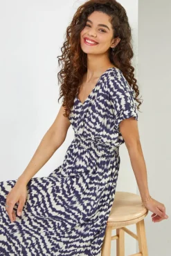 Roman Navy Abstract Print Fit & Flare Dress