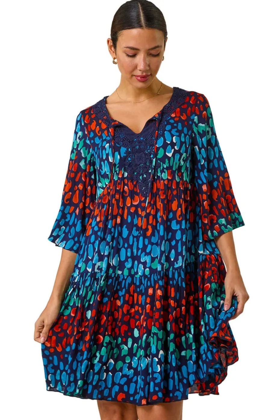 Roman Navy Abstract Spot Print Lace Trim Dress