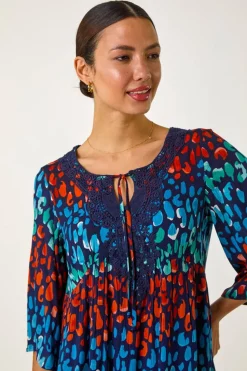 Roman Navy Abstract Spot Print Lace Trim Dress