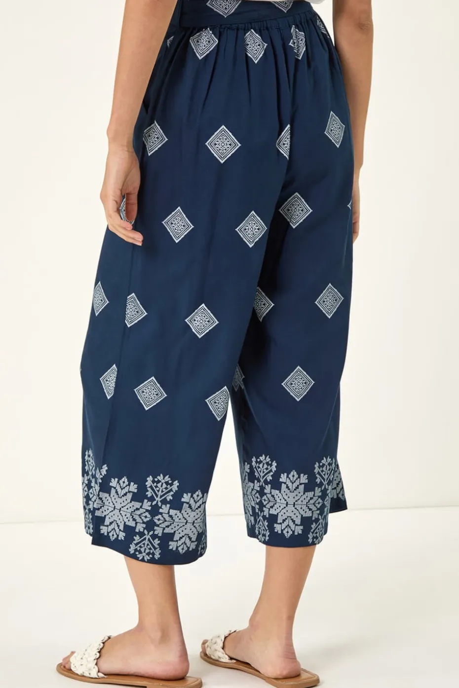 Roman Navy Border Print Belted Trouser