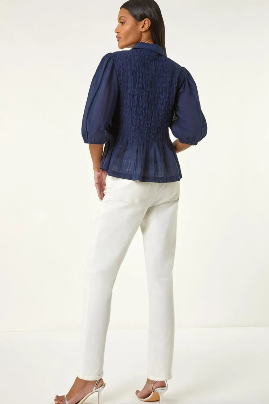 Roman Navy Collar Shirred Button Blouse