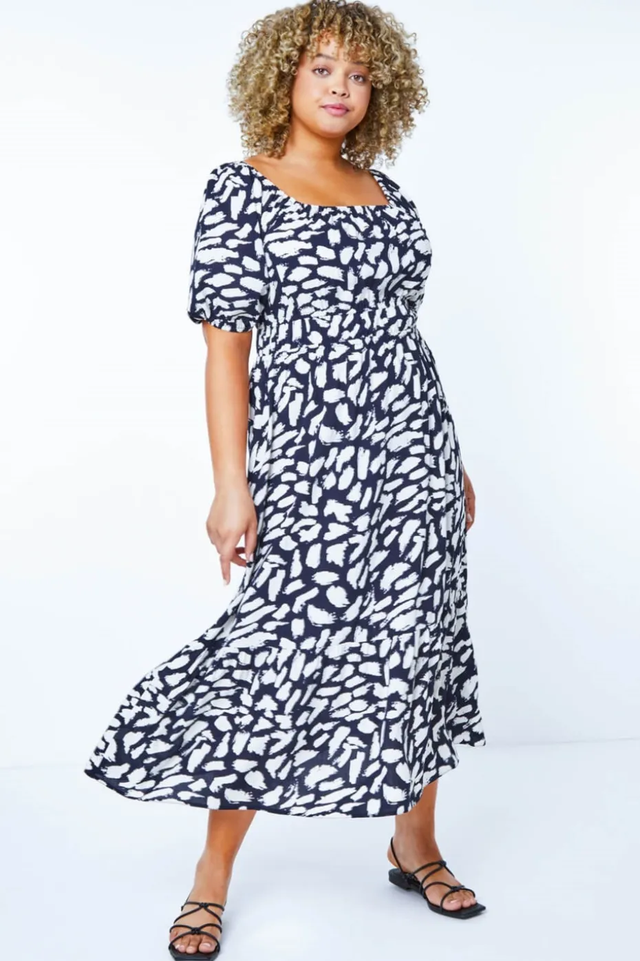 Roman Navy Curve Stretch Waist Midi Dress